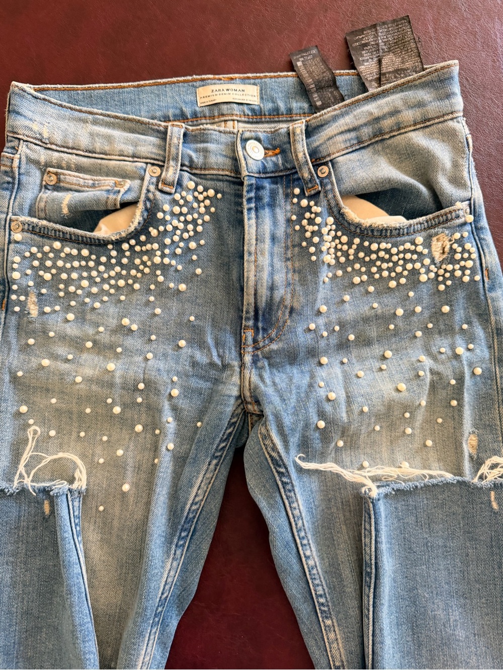 Zara Light Blue Pearl-Embellished Distressed Jeans used good condition